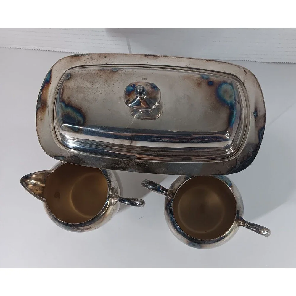 Wallace Silverplate Lot Creamer Sugar Bowl Butter Tray Dish With Glass Insert